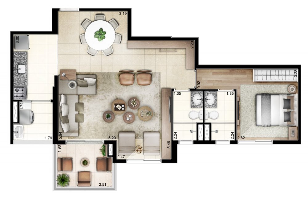 Planta 1 dorm living ampliado